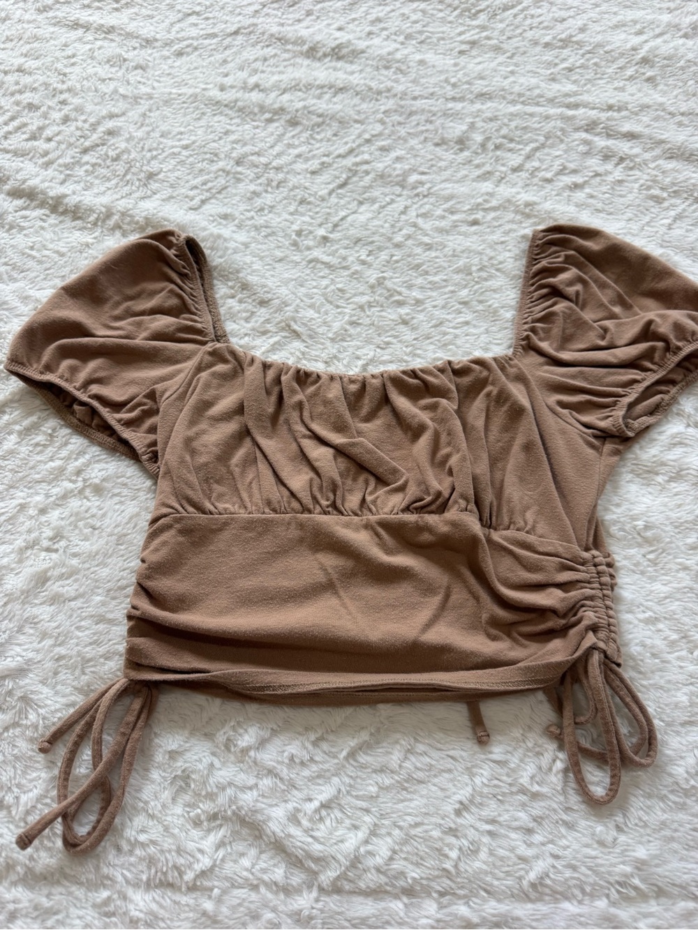 Brown Puff Sleeve Ruched Crop Top